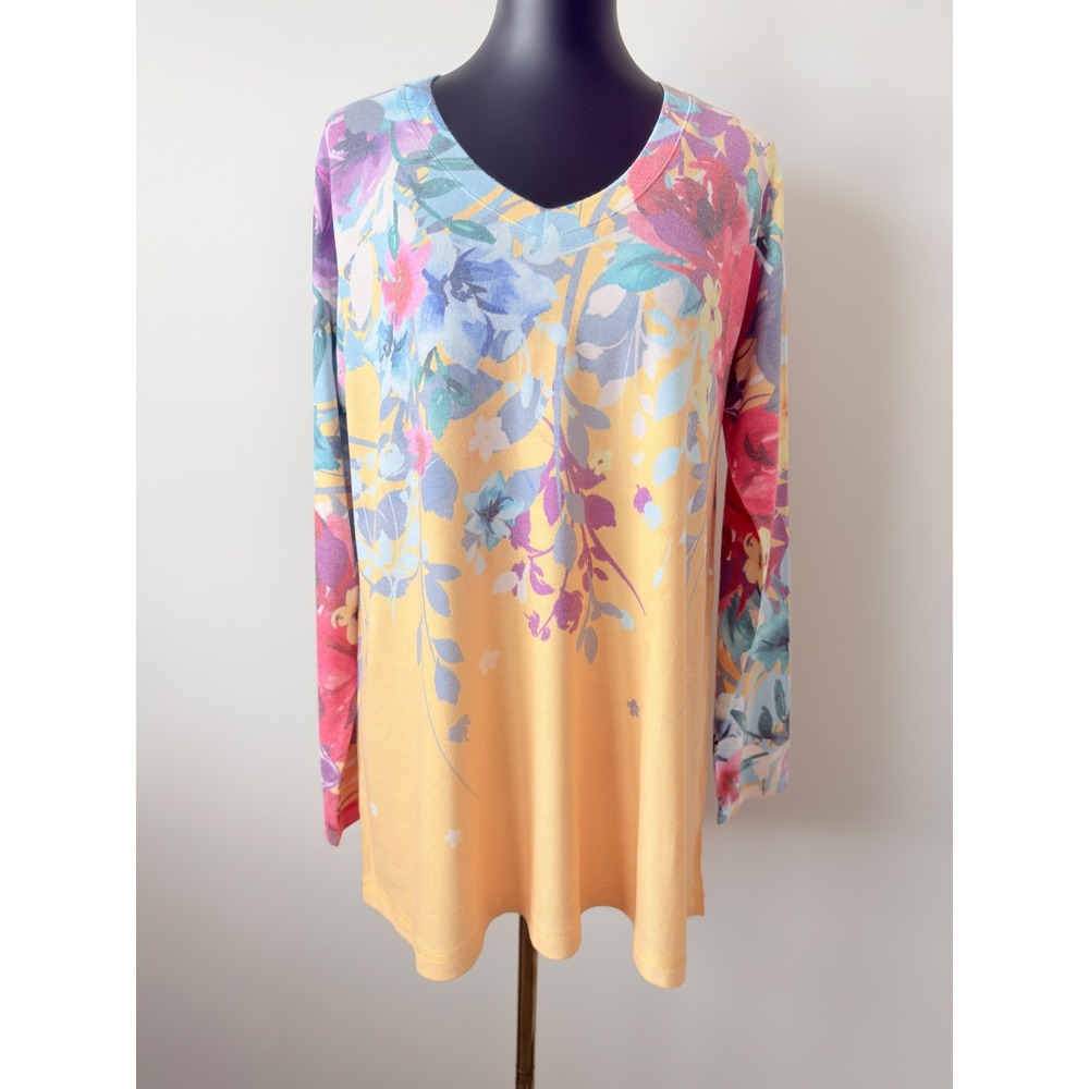 Soft Surroundings Delphina Tunic Top Yellow Floral V-Neck Long Sleeve XL